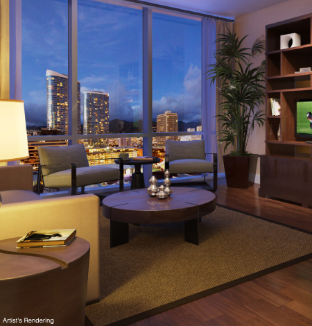 Living room with view of the city Living room